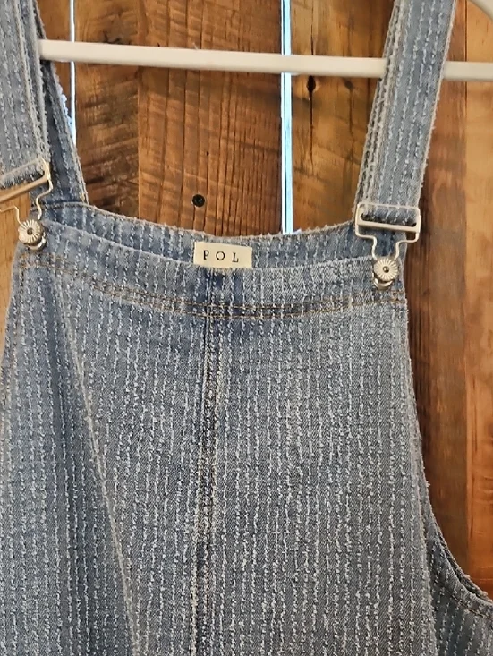 387 POL Denim Ruffled Hem Overalls with Patchwork Trim - Picture 6 of 12